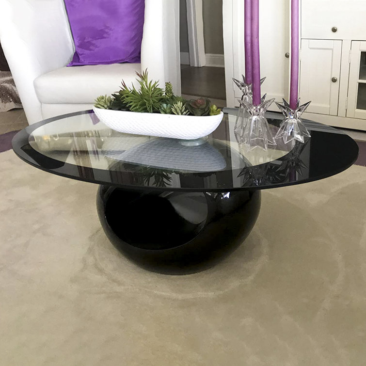 Modern Oval Black Glass Top Coffee Table with Asymmetric Wood Base