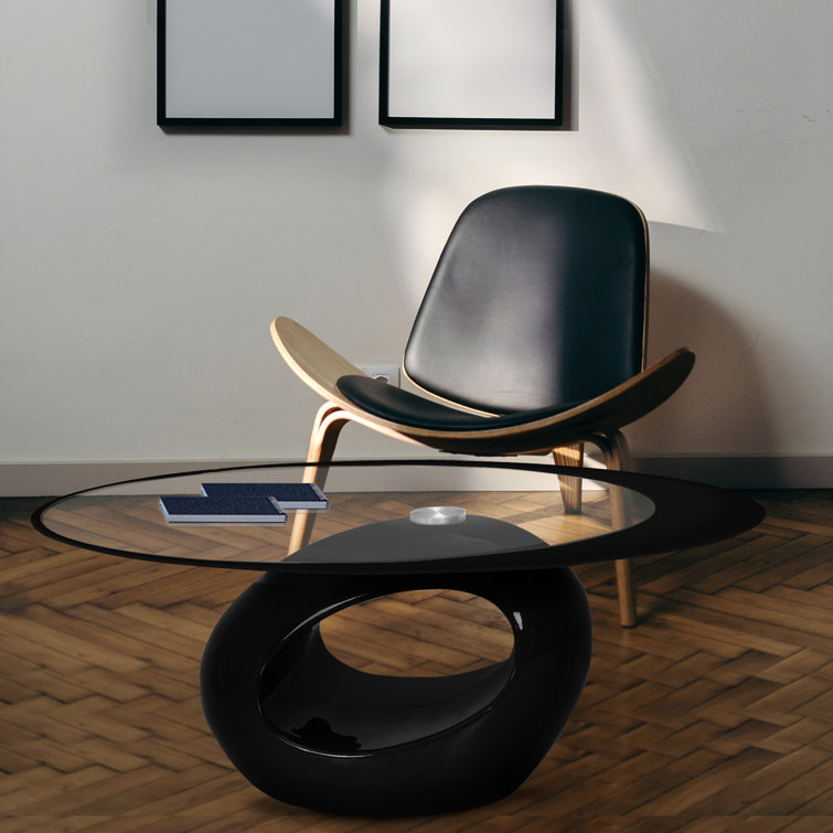 Modern Oval Black Glass Top Coffee Table with Asymmetric Wood Base