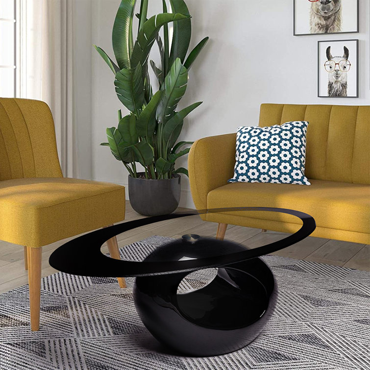 Modern Oval Black Glass Top Coffee Table with Asymmetric Wood Base