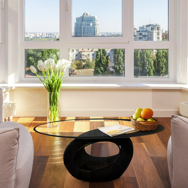 Modern Oval Black Glass Top Coffee Table with Asymmetric Wood Base