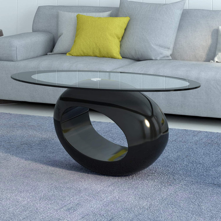 Modern Oval Black Glass Top Coffee Table with Asymmetric Wood Base