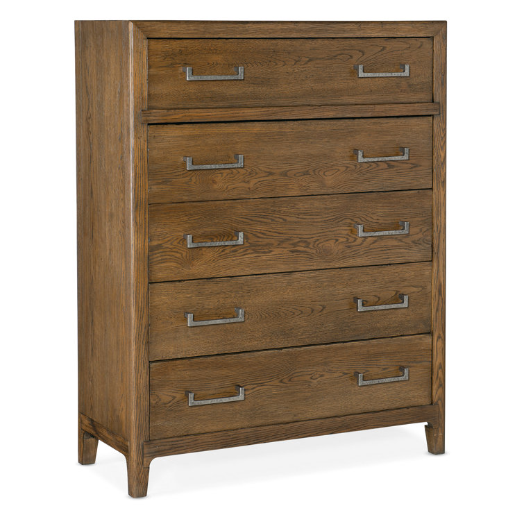 Medium Brown Oak 5-Drawer Dresser with Pewter Hardware
