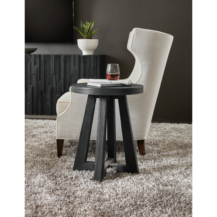 Charred Black Pine Veneer Round End Table with Metal Accent
