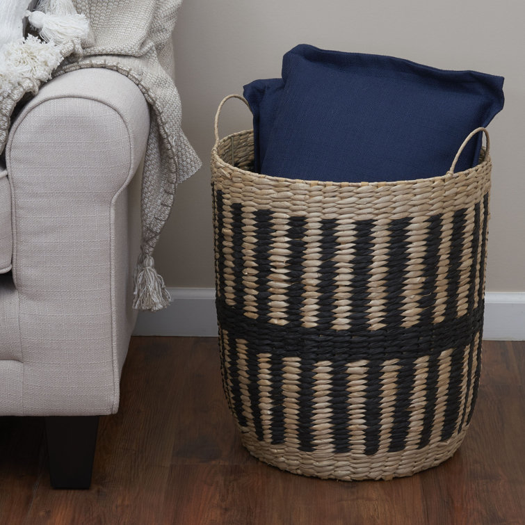 Natural and Black Seagrass Woven Storage Basket with Handles