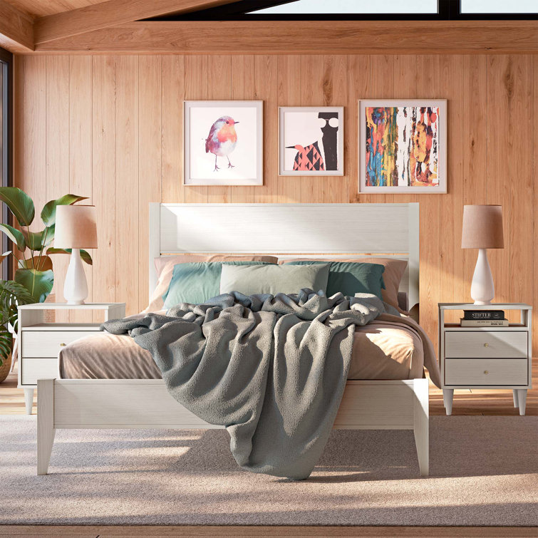 Queen Brushed Walnut Pine Wood Platform Bed with Headboard and Drawer