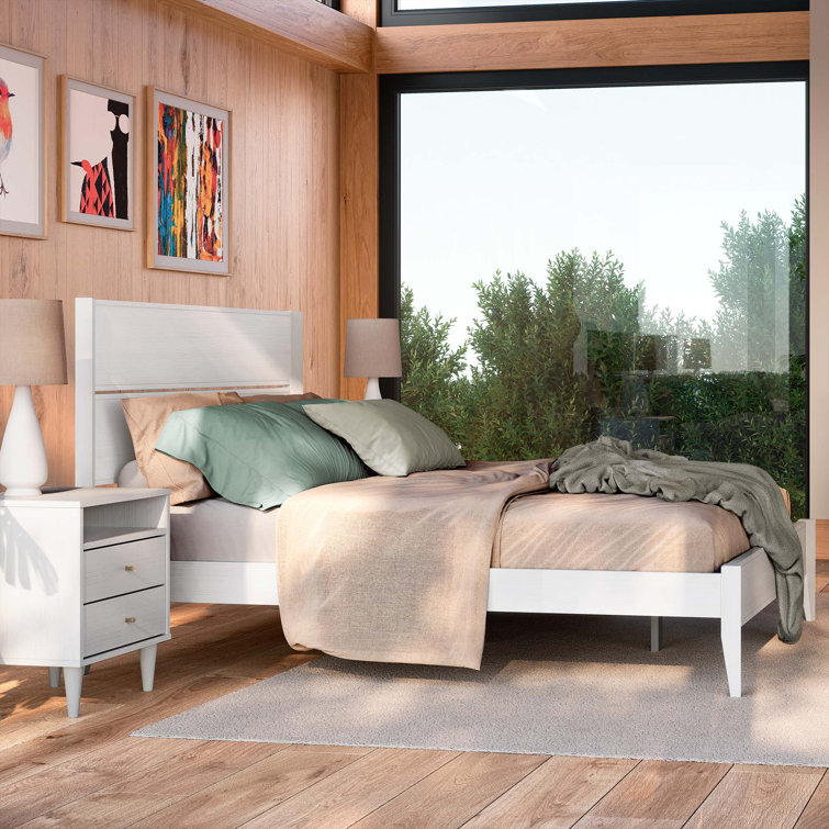 Queen Brushed Walnut Pine Wood Platform Bed with Headboard and Drawer