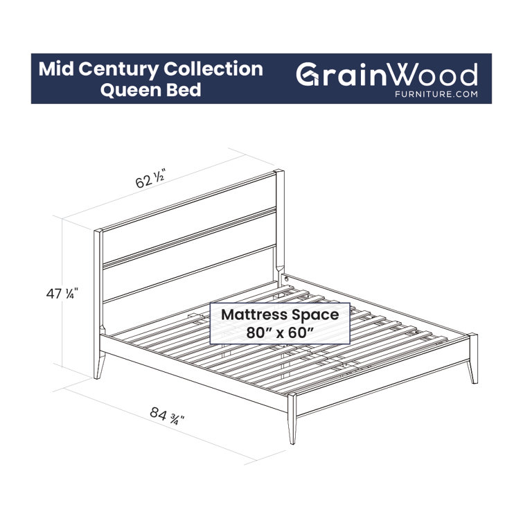 Queen Brushed Walnut Pine Wood Platform Bed with Headboard and Drawer