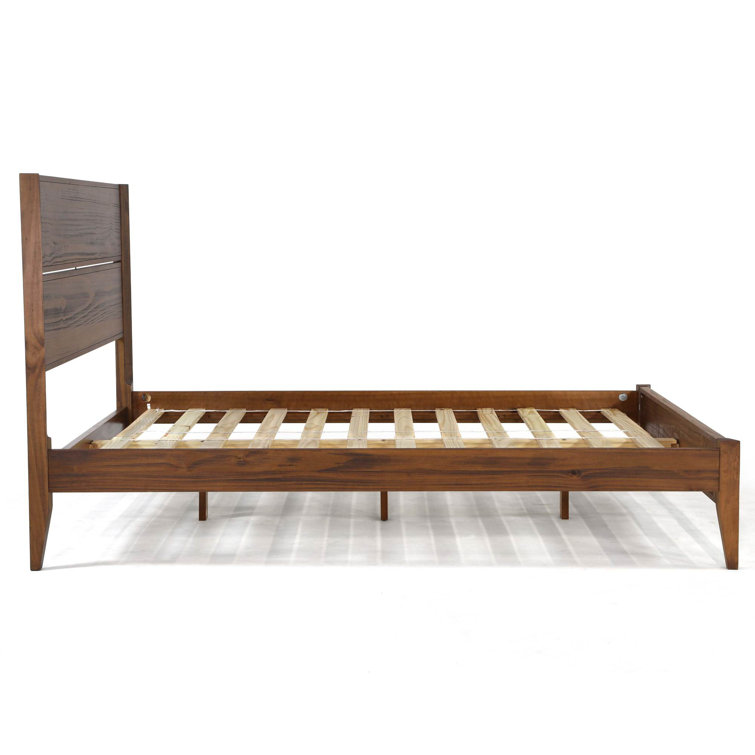 Queen Brushed Walnut Pine Wood Platform Bed with Headboard and Drawer