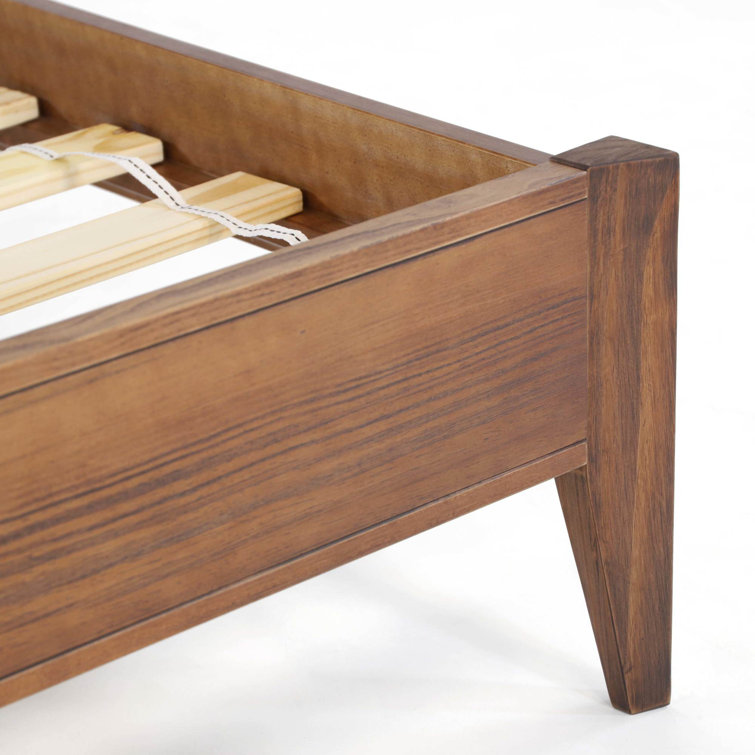 Queen Brushed Walnut Pine Wood Platform Bed with Headboard and Drawer
