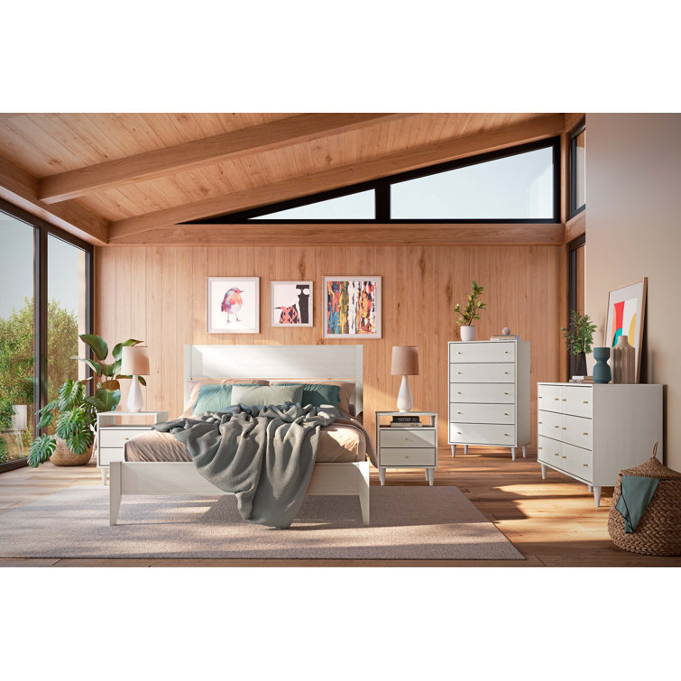 Queen Brushed Walnut Pine Wood Platform Bed with Headboard and Drawer