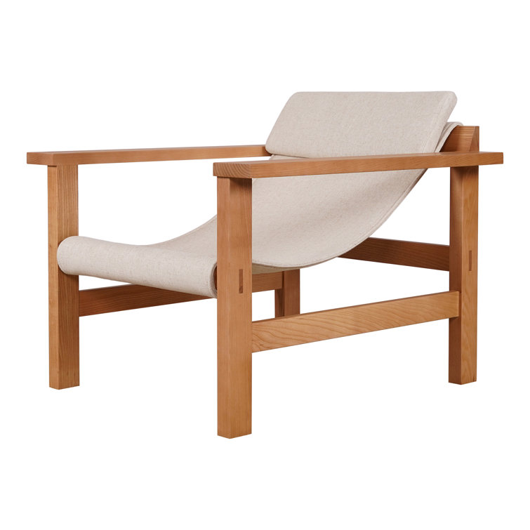 Sustainably Sourced Beige Linen & Wood Lounge Chair