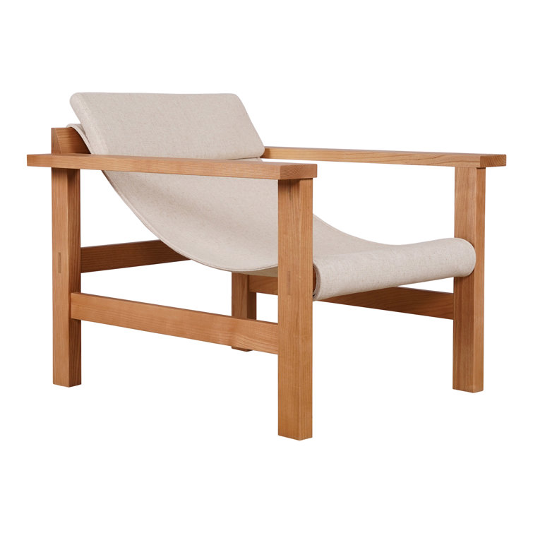 Sustainably Sourced Beige Linen & Wood Lounge Chair