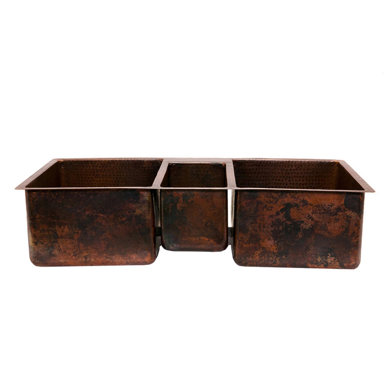 42" Hammered Copper Triple Basin Farmhouse Kitchen Sink