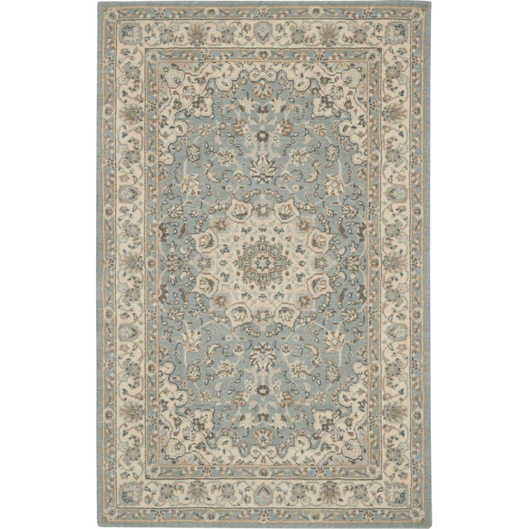 Aqua and Ivory Floral Elegance Wool Blend Area Rug, 5'6" x 8'3"