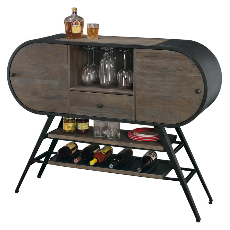 Rustic Gray and Aged Iron Wood Wine Bar Cabinet
