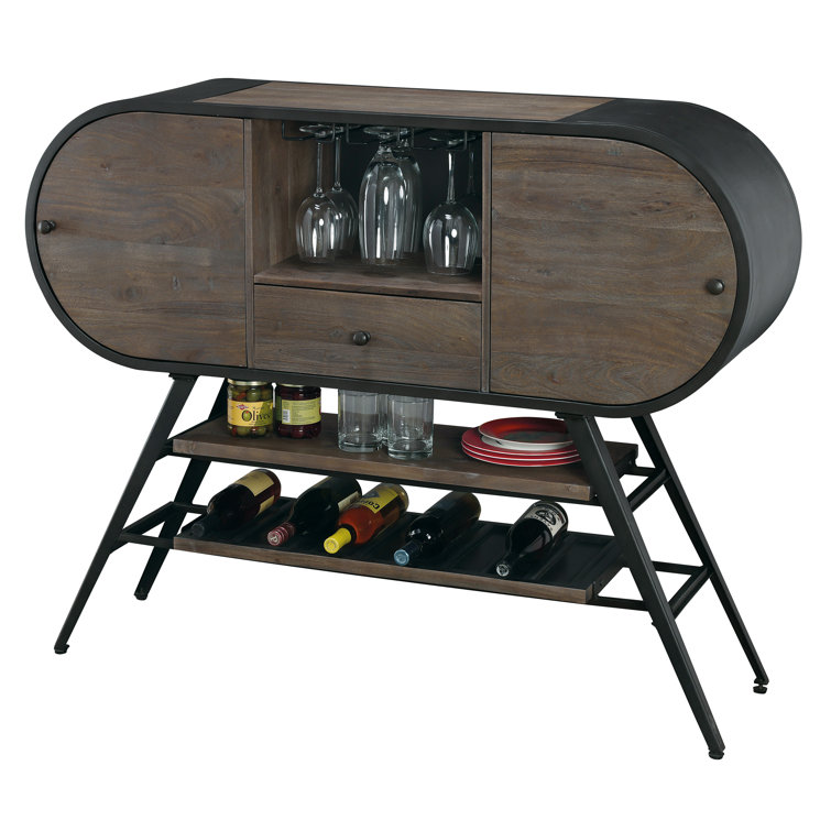 Rustic Gray and Aged Iron Wood Wine Bar Cabinet