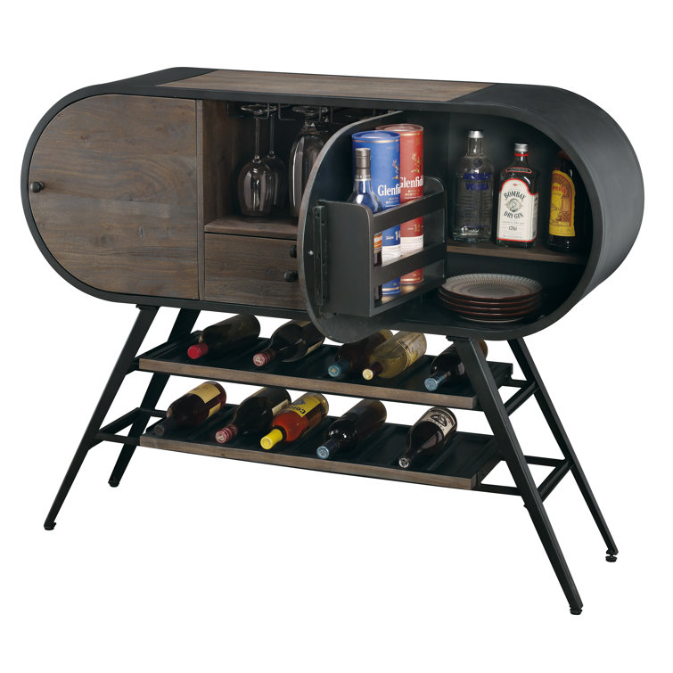Rustic Gray and Aged Iron Wood Wine Bar Cabinet