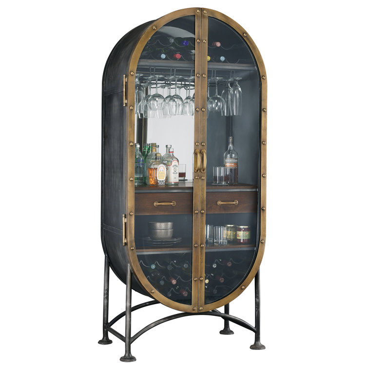 Rustic Aged Iron and Brass Oval Bar Cabinet
