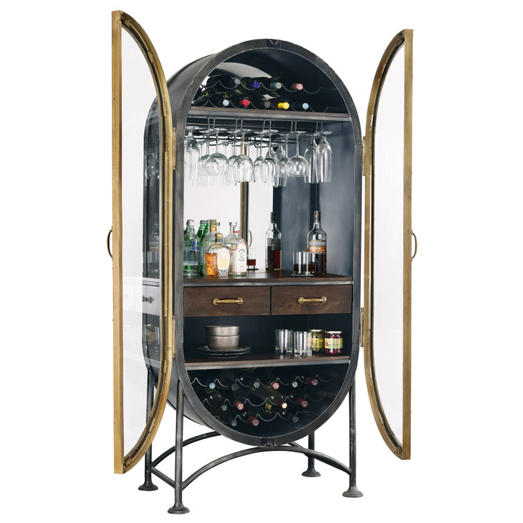 Rustic Aged Iron and Brass Oval Bar Cabinet