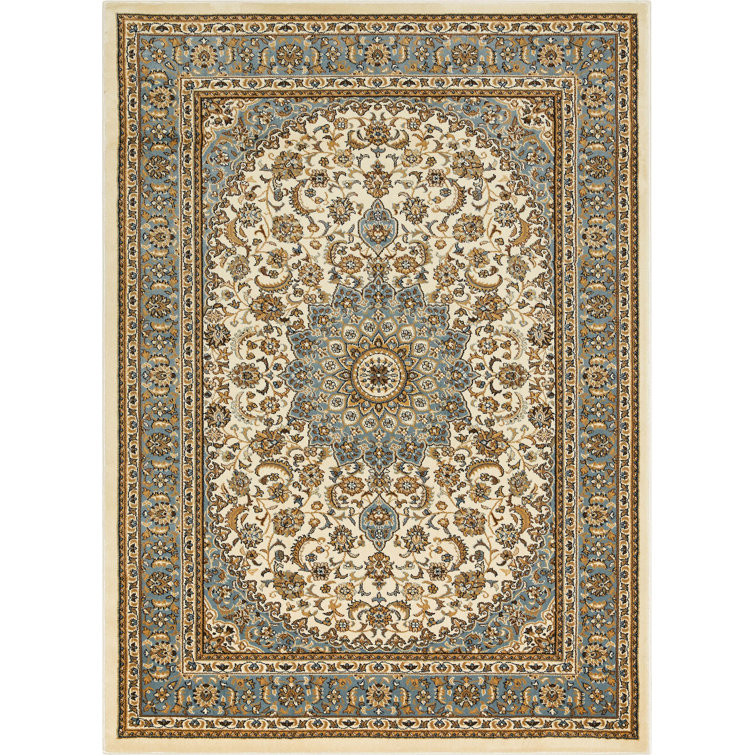 Ivory and Beige Medallion Synthetic Rectangular Rug