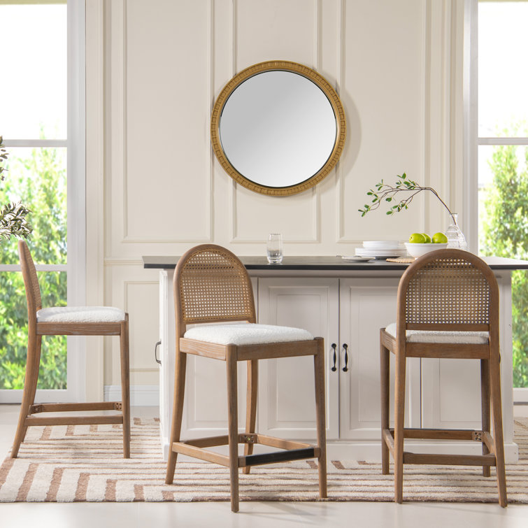 Ivory White Boucle and Oak Curved Bar Stools, Set of 2