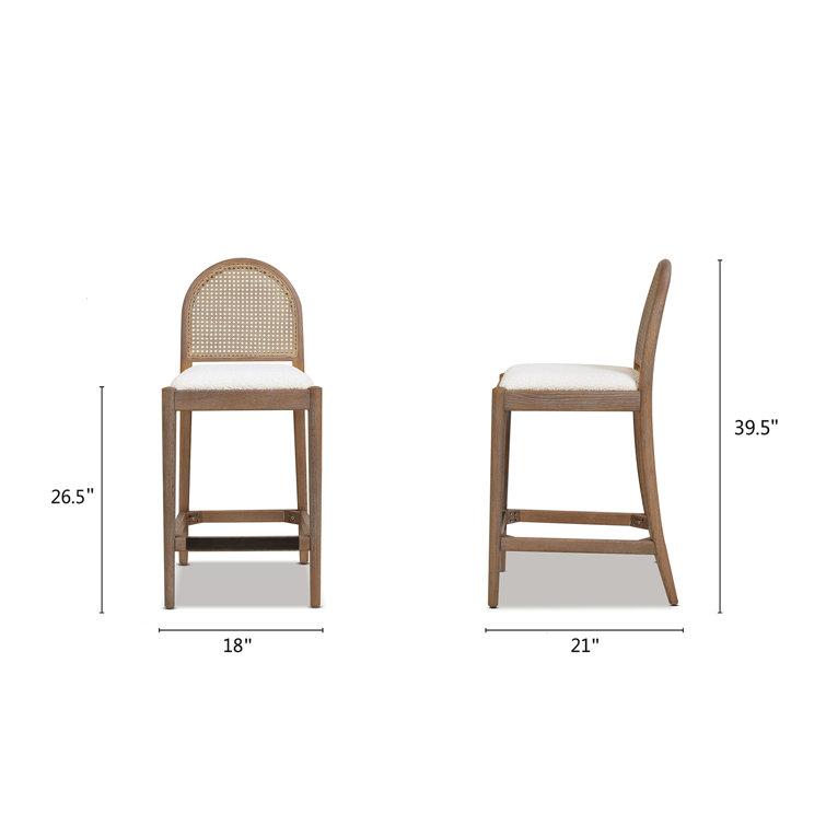 Ivory White Boucle and Oak Curved Bar Stools, Set of 2