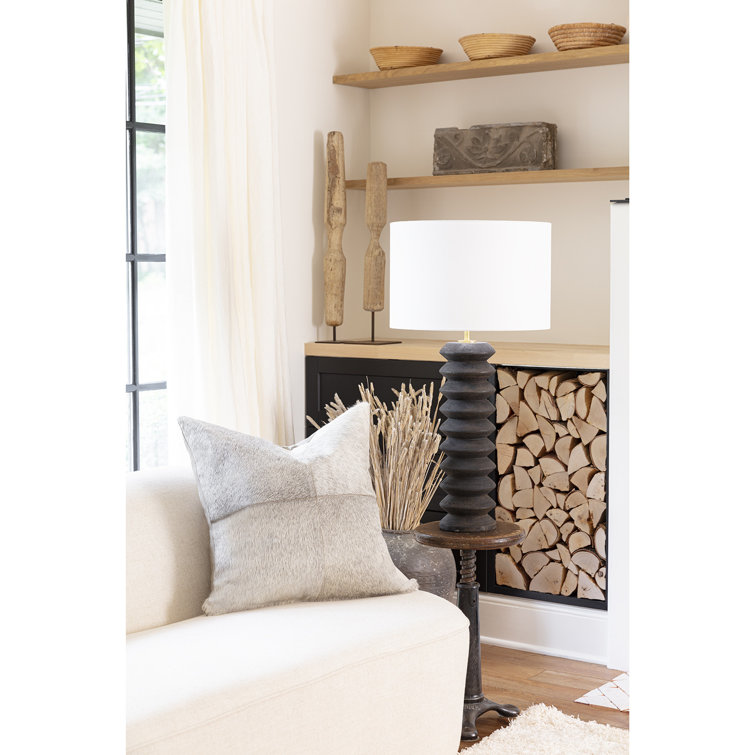 Ebony and Polished Brass Accordion Table Lamp with Linen Shade