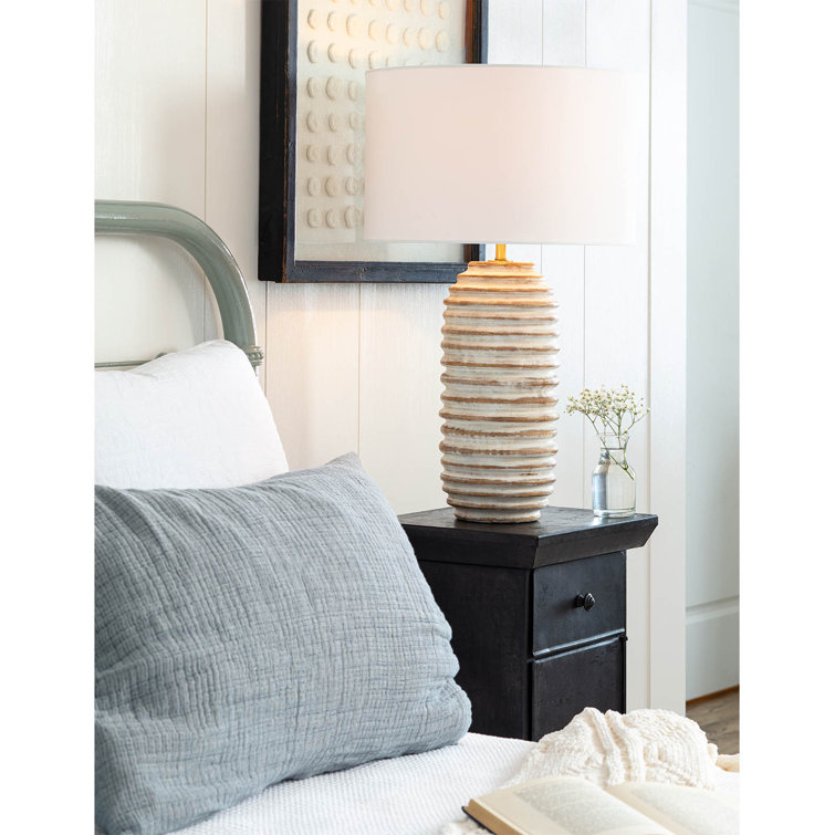 Whitewashed Birch Wood Table Lamp with Linen Shade