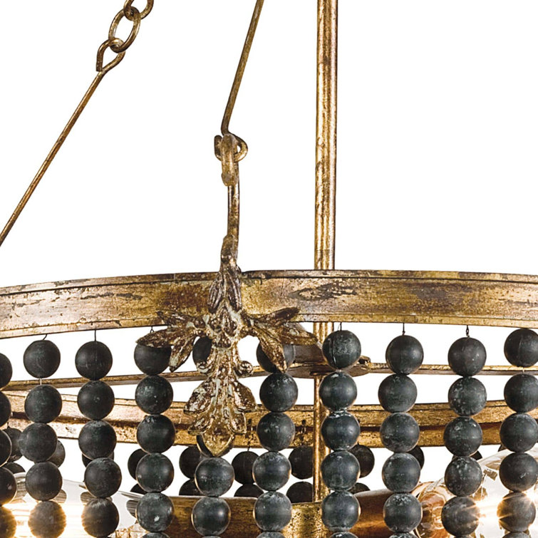 Black Beaded Wood Chandelier with Steel Frame