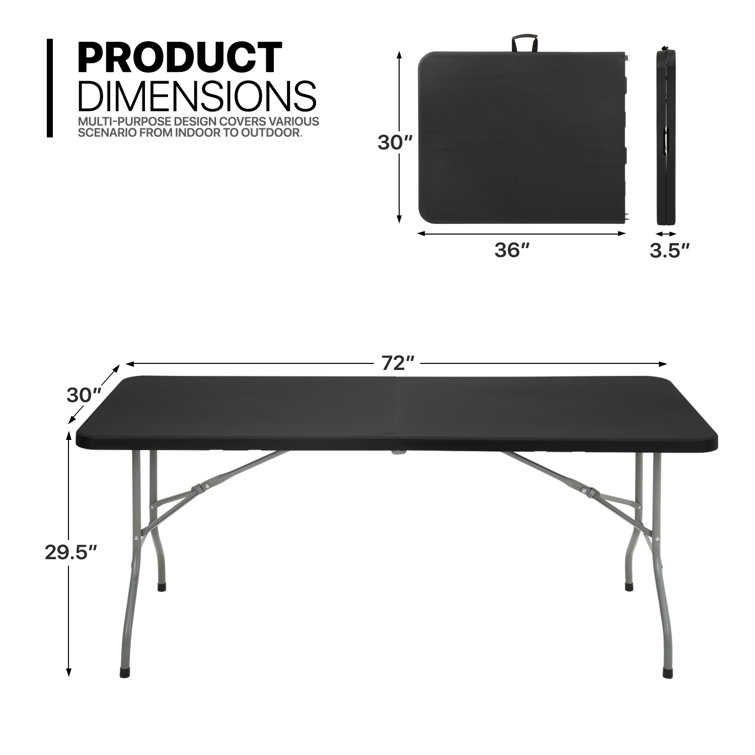 6ft Black Plastic Foldable Picnic Table with Steel Frame