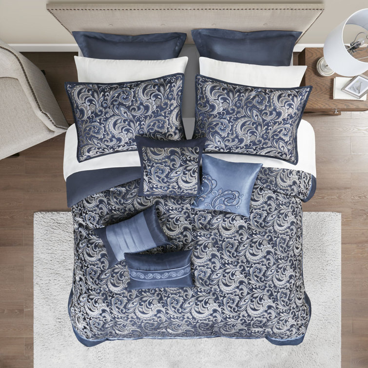 Navy Jacquard Paisley Queen 24-Piece Microfiber Bedding Set
