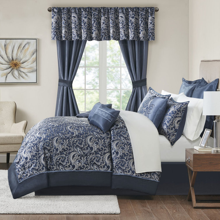 Navy Jacquard Paisley Queen 24-Piece Microfiber Bedding Set