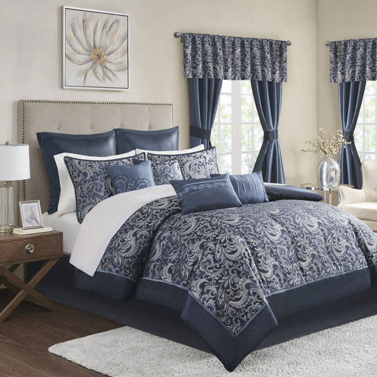 Navy Jacquard Paisley Queen 24-Piece Microfiber Bedding Set