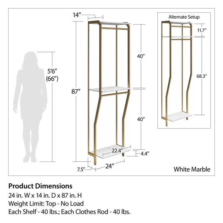 Gwyneth White Marble and Gold Closet Organizer with Hanging Rods