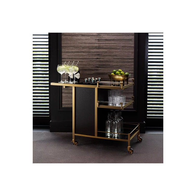 Modern Brushed Brass Eiffel Bar Cart with Mirror Glass Trays