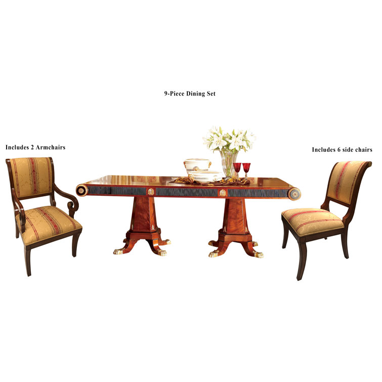 Empire Walnut and Gold 9-Piece Dining Set with Upholstered Chairs