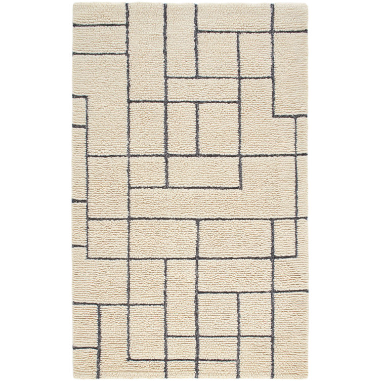 Ivory and Gray Geometric Tufted Wool Rug, 3' x 5'