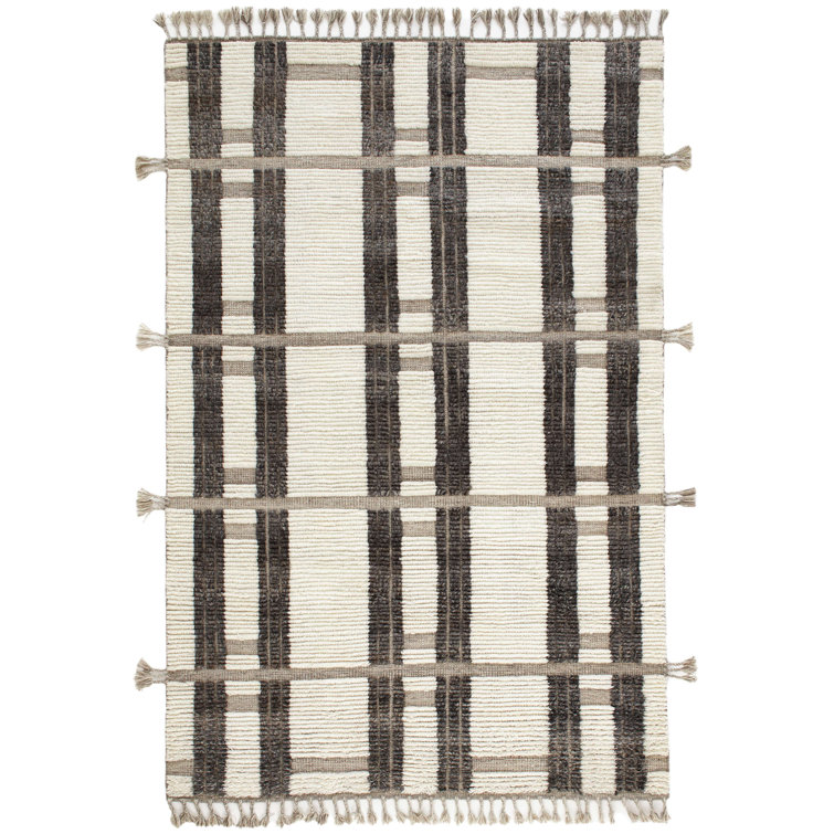 Ivory and Gray Hand-Knotted Wool Stripe Rug with Tassels, 3' x 5'