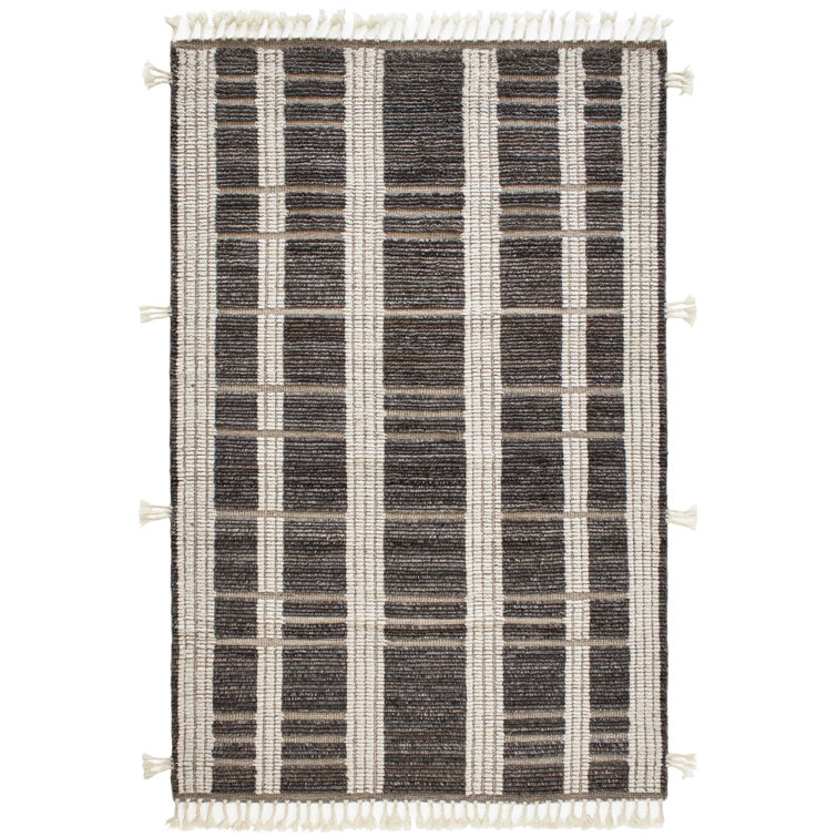 Ivory and Charcoal Hand Knotted Wool Rug with Tassels