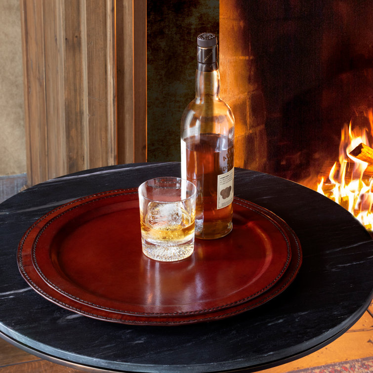 Hudson Dark Brown Leather Round Serving Trays, Set of 2