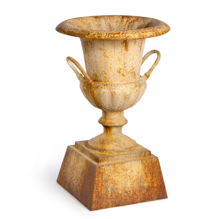 Aged Rusted Metal Outdoor Urn Planter with Pedestal