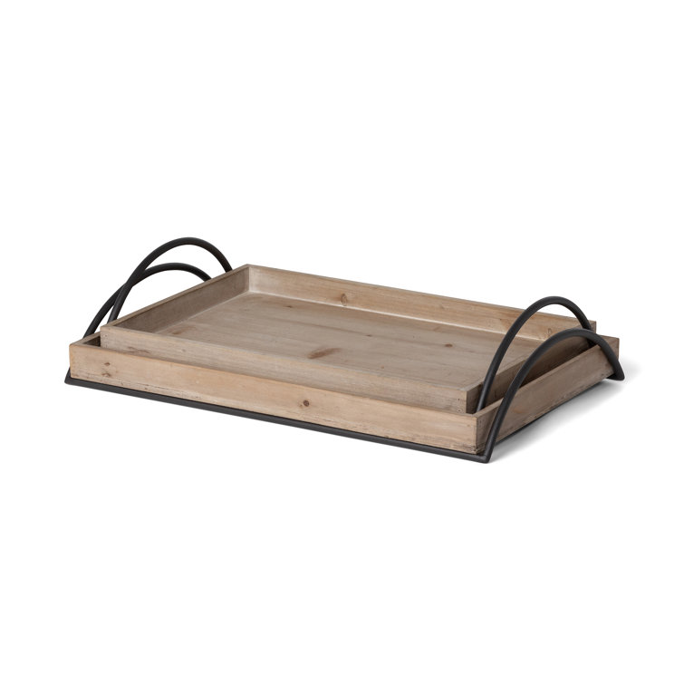 Set of 2 Light Brown Fir Wood Trays with Iron Handles