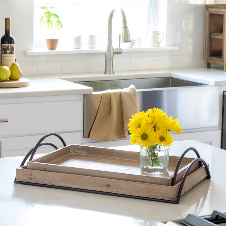 Set of 2 Light Brown Fir Wood Trays with Iron Handles