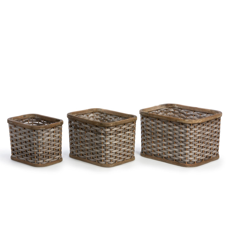 Set of 3 Gray and Brown Bamboo Storage Baskets