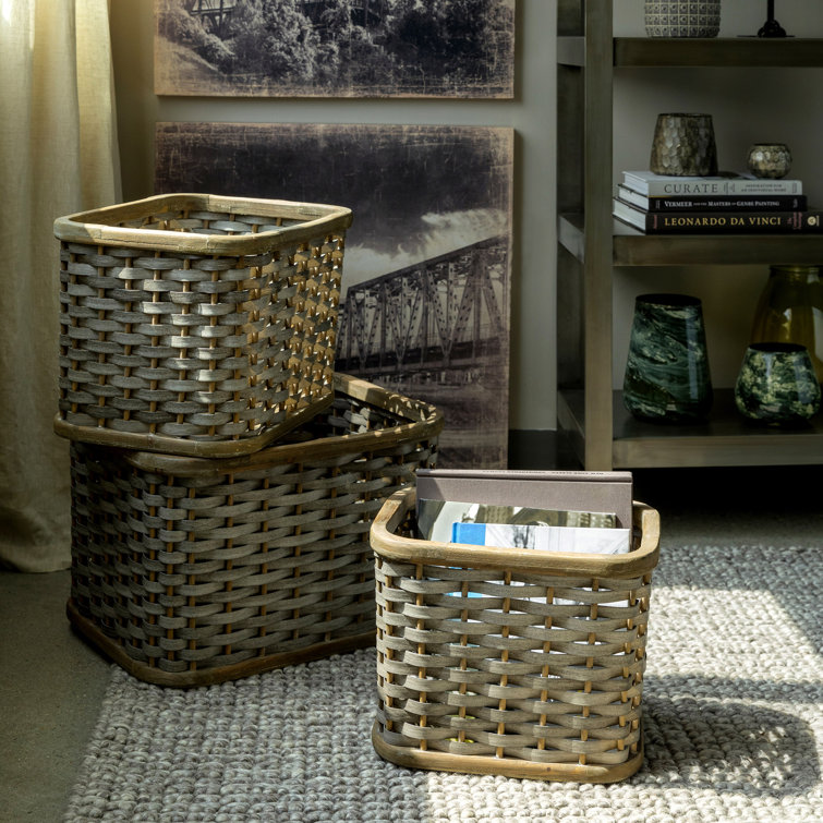 Set of 3 Gray and Brown Bamboo Storage Baskets