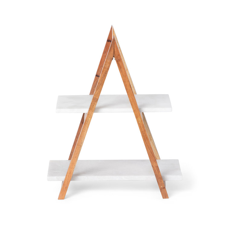 Two-Tier White Marble and Wood A-Frame Cheese Server