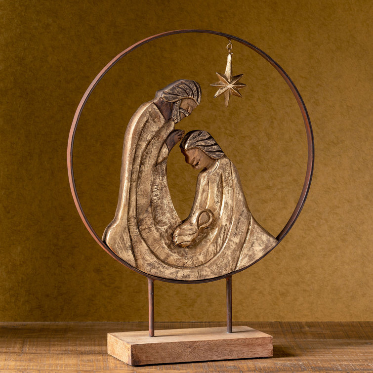 Gold and Brown Metal and Wood Nativity Sculpture