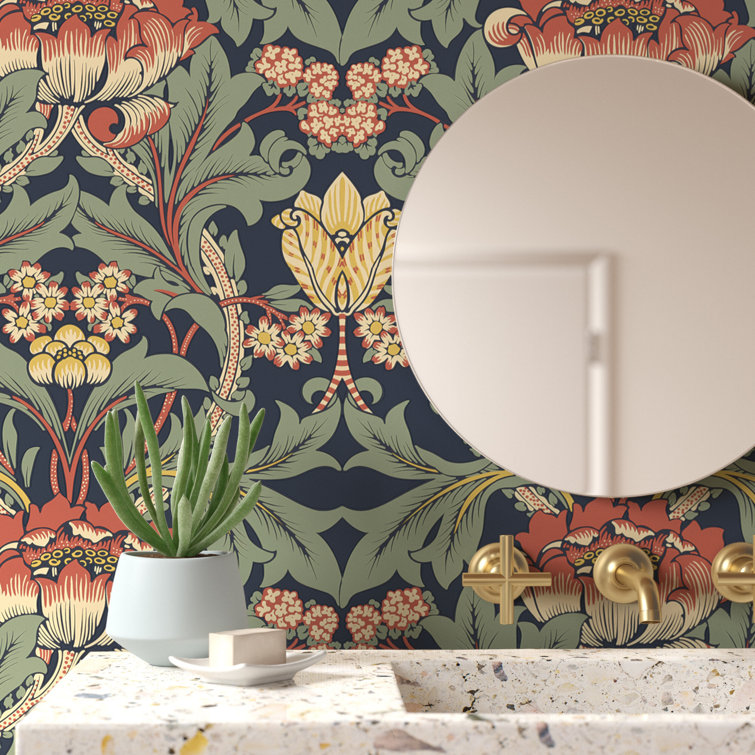 Denim Blue and Auburn Floral Peel and Stick Wallpaper