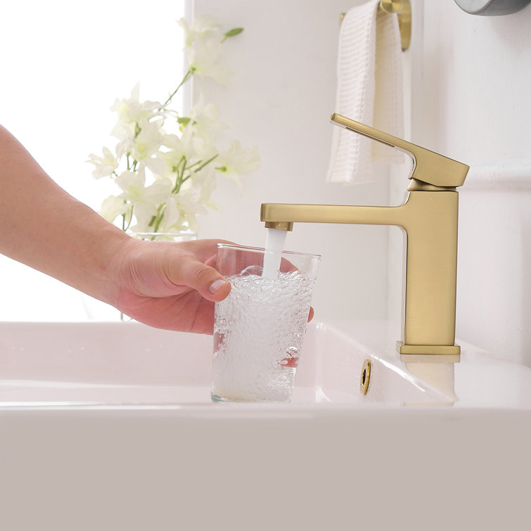 Brushed Gold Single-Handle Low-Arc Bathroom Faucet with Drain