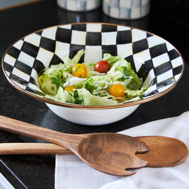 Black and White Checkered Enamel Salad Serving Set with Acacia Wood Servers